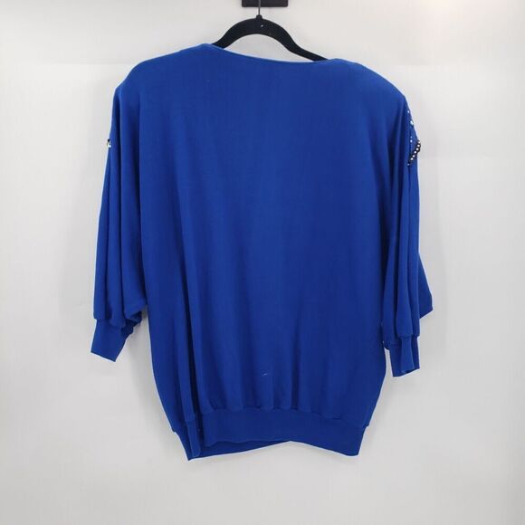 Vintage 80's Bling Sweatshirt Womens Large Blue Sequin Rhinestones Dolman Sleeve - Picture 4 of 13